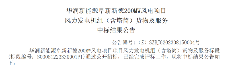 3.5億元！華潤200MW風電項目中標公示